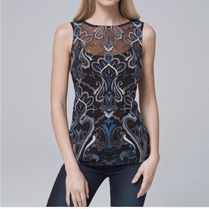 WHBM Sheer Embroidered Sleeveless Top Black Donatella Size XXS